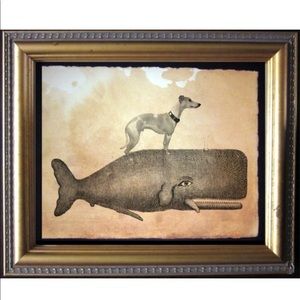 Whippet Dog Riding Whale Art Print Tea Stained
